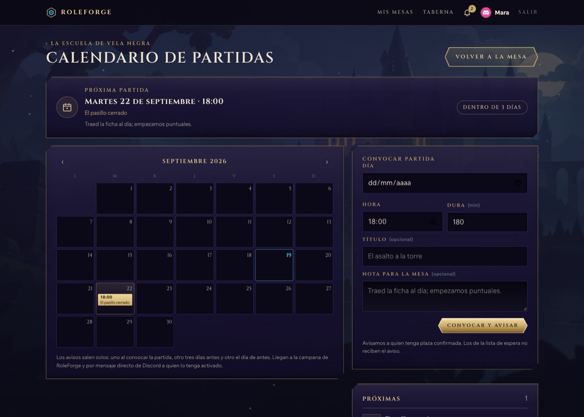 Calendario de la mesa con la próxima partida convocada