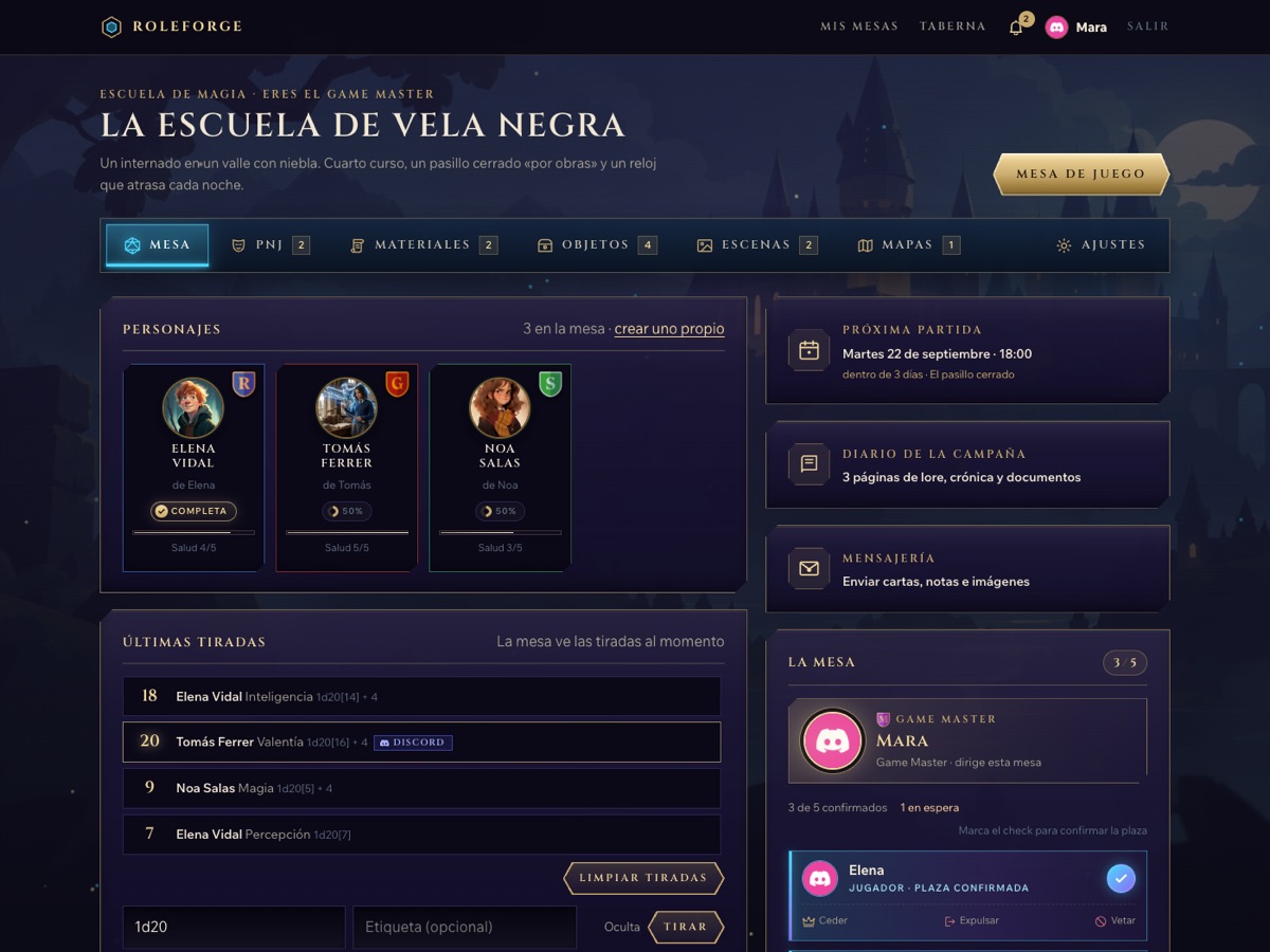 Pantalla principal de una mesa, con personajes, tiradas y miembros