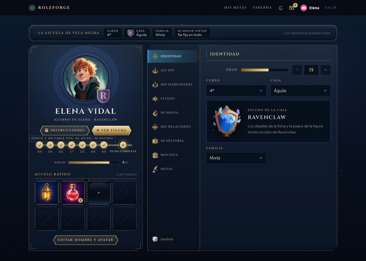 Ficha de personaje con su progreso, salud y acceso rápido