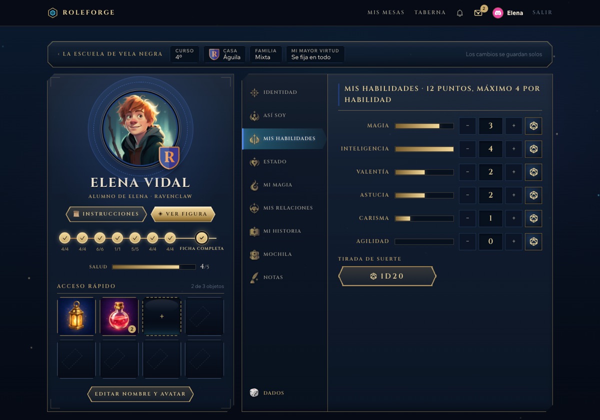 Ficha de personaje abierta por la sección de habilidades