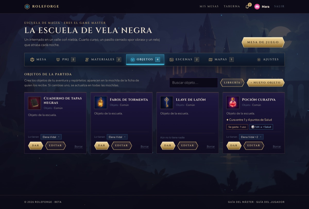 Catálogo de objetos de la partida