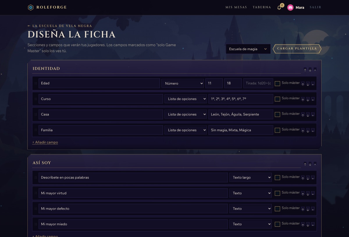 Editor de la plantilla de ficha, con secciones y campos